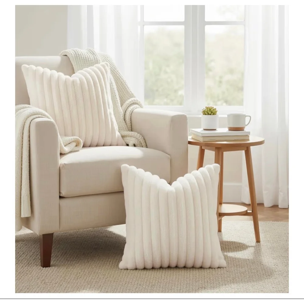 NEW Cream Cozy Faux Fur Throw Pillow Covers 24” Set of 2 Plush Striped